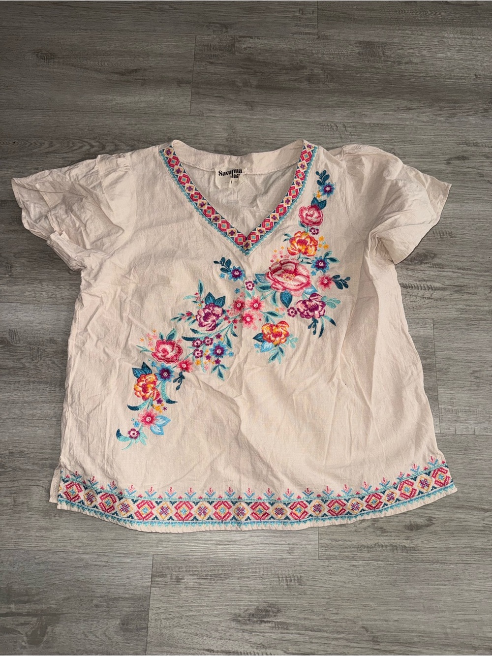 Savanna Jane Cream Blouse with Multicolor Floral Embroidery